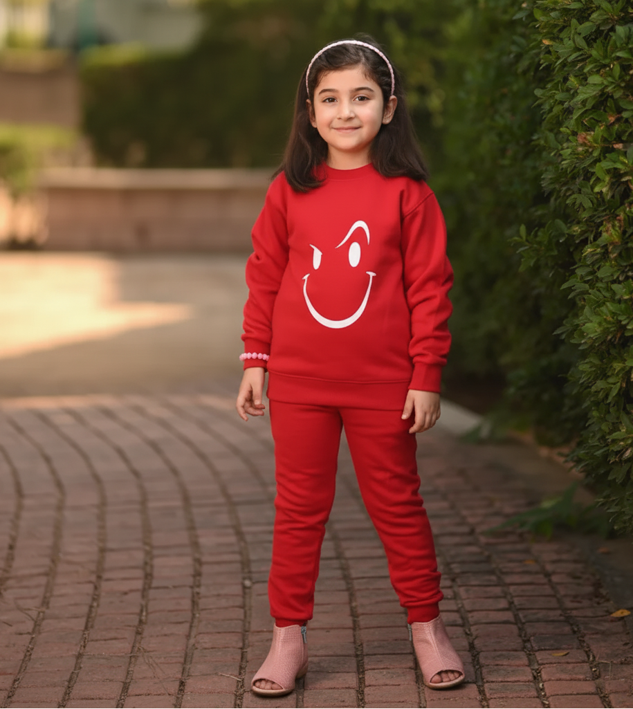 Red Fleece Tracksuit with White Wink Smile